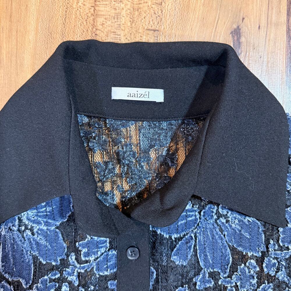 Revolve Aaizel Denim Lace Floral Burnout Sheer Collared Shirt Size 8 - Picture 4 of 10